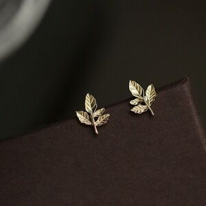 Pair Delicate Twig Leaf Earrings 9kt Solid Gold with 9kt Solid Gold Backings